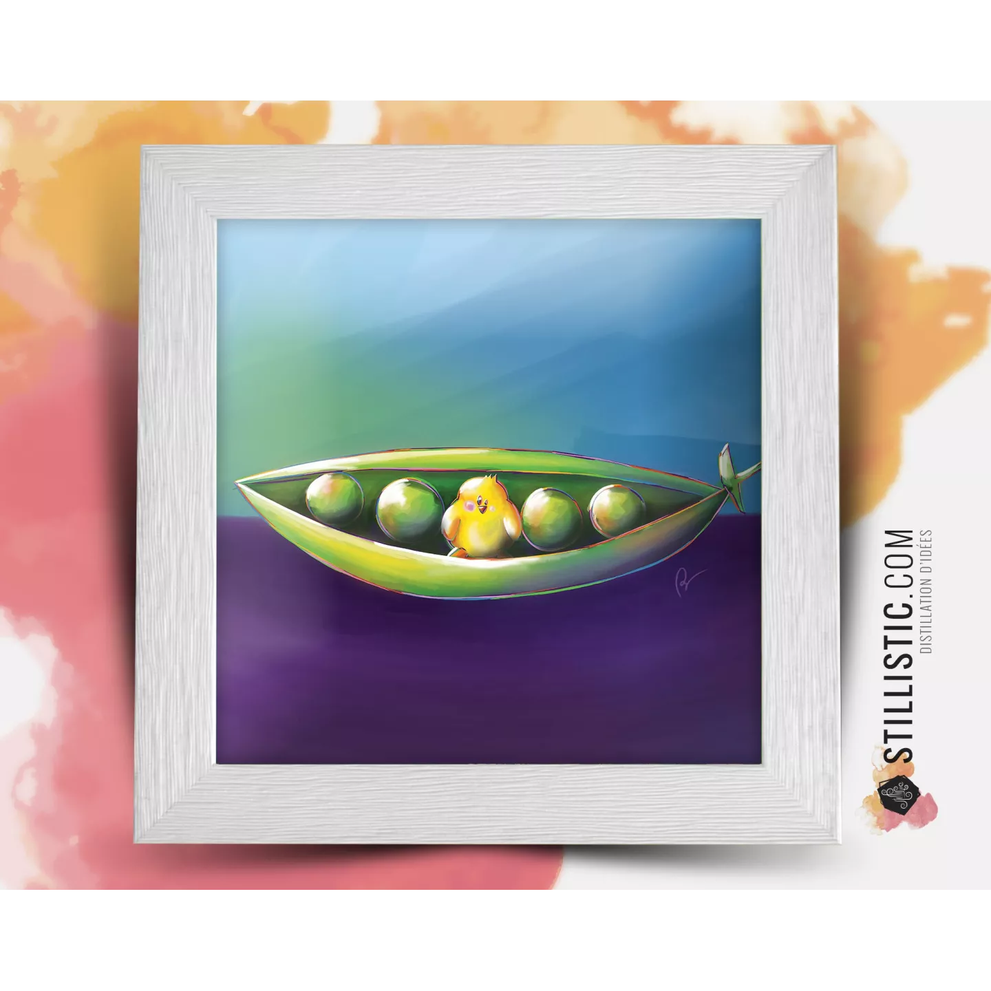 Cadre carré avec Illustration Petit Pois et Poussin Pâques pour Chambre Enfant bébé 25x25cm