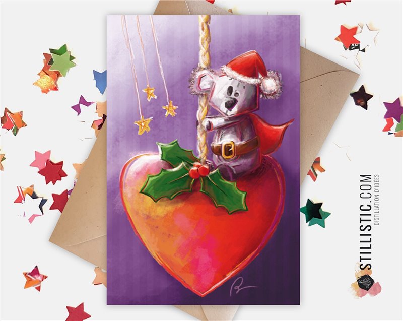 Carte de voeux papier 350g avec Illustration Originale Koala et Coeur pour Noël Nouvel An