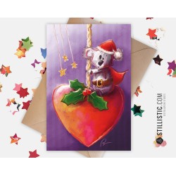 Carte de voeux papier 350g avec Illustration Originale Koala et Coeur pour Noël Nouvel An