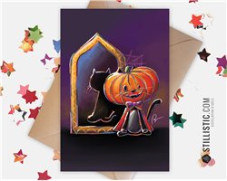 Carte de voeux papier 350g avec Illustration Originale Chat citrouille d'Halloween pour Anniversaire