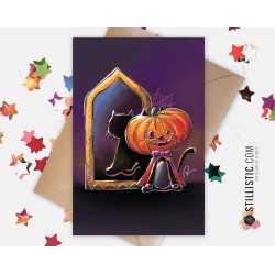 Carte de voeux papier 350g avec Illustration Originale Chat citrouille d'Halloween pour Anniversaire