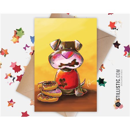 Carte de voeux papier 350g avec Illustration Originale Chiot Gourmand et ses Donuts pour Amitié Anniversaire