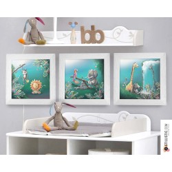 Triptyque lot de 3 Cadres carrés avec Illustration Animaux de la Jungle pour Chambre Enfant bébé 25x25cm