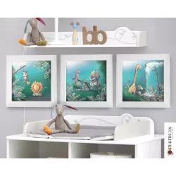 Triptyque lot de 3 Cadres carrés avec Illustration Animaux de la Jungle pour Chambre Enfant bébé 25x25cm