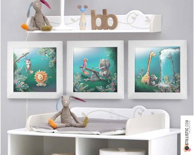 Triptyque lot de 3 Cadres carrés avec Illustration Animaux de la Jungle pour Chambre Enfant bébé 25x25cm