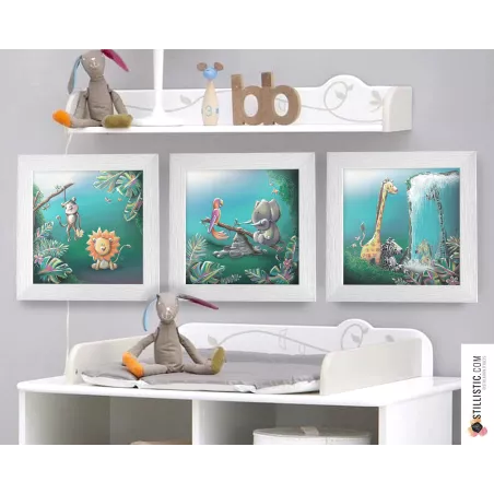Triptyque lot de 3 Cadres carrés avec Illustration Animaux de la Jungle pour Chambre Enfant bébé 25x25cm