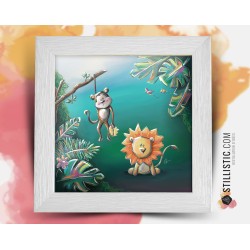 Triptyque lot de 3 Cadres carrés avec Illustration Animaux de la Jungle pour Chambre Enfant bébé 25x25cm