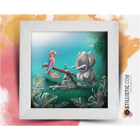 Cadre carré avec Illustration  Jungle éléphant et perroquet pour Chambre Enfant bébé 25x25cm