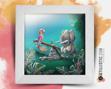 Cadre carré avec Illustration  Jungle éléphant et perroquet pour Chambre Enfant bébé 25x25cm