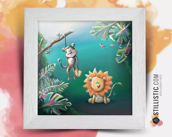 Cadre carré avec Illustration Jungle lion et singe pour Chambre Enfant bébé 25x25cm