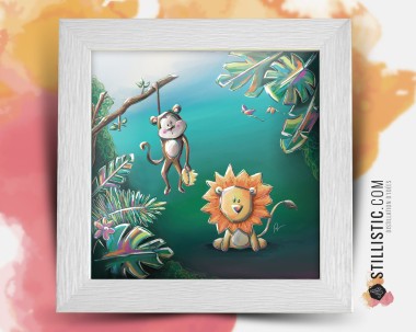 Cadre carré avec Illustration Jungle lion et singe pour Chambre Enfant bébé 25x25cm