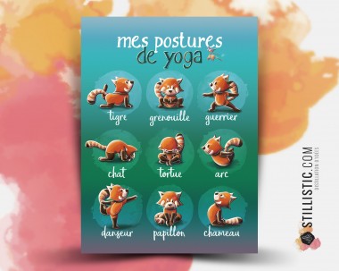 Poster / Affiche éducative Yoga avec illustration pandas roux jungle personnalisable pour Chambre Enfant bébé ou école