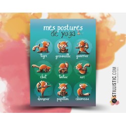 Poster / Affiche éducative Yoga avec illustration pandas roux jungle personnalisable pour Chambre Enfant bébé ou école