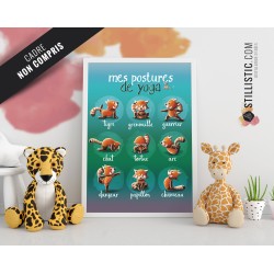 Poster / Affiche éducative Yoga avec illustration pandas roux jungle personnalisable pour Chambre Enfant bébé ou école