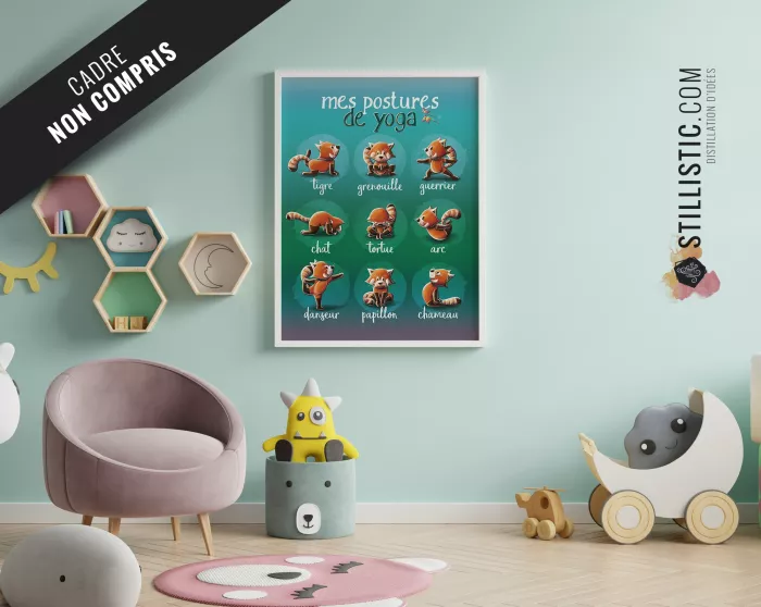 Poster / Affiche éducative Yoga avec illustration pandas roux jungle personnalisable pour Chambre Enfant bébé ou école