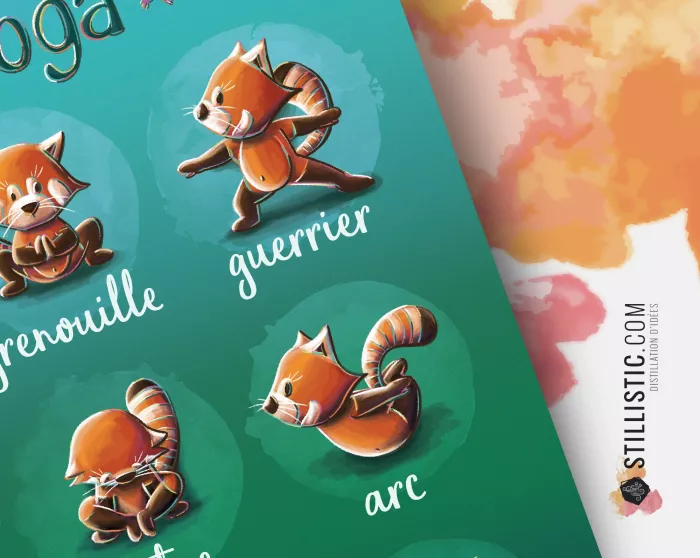Poster / Affiche éducative Yoga avec illustration pandas roux jungle personnalisable pour Chambre Enfant bébé ou école