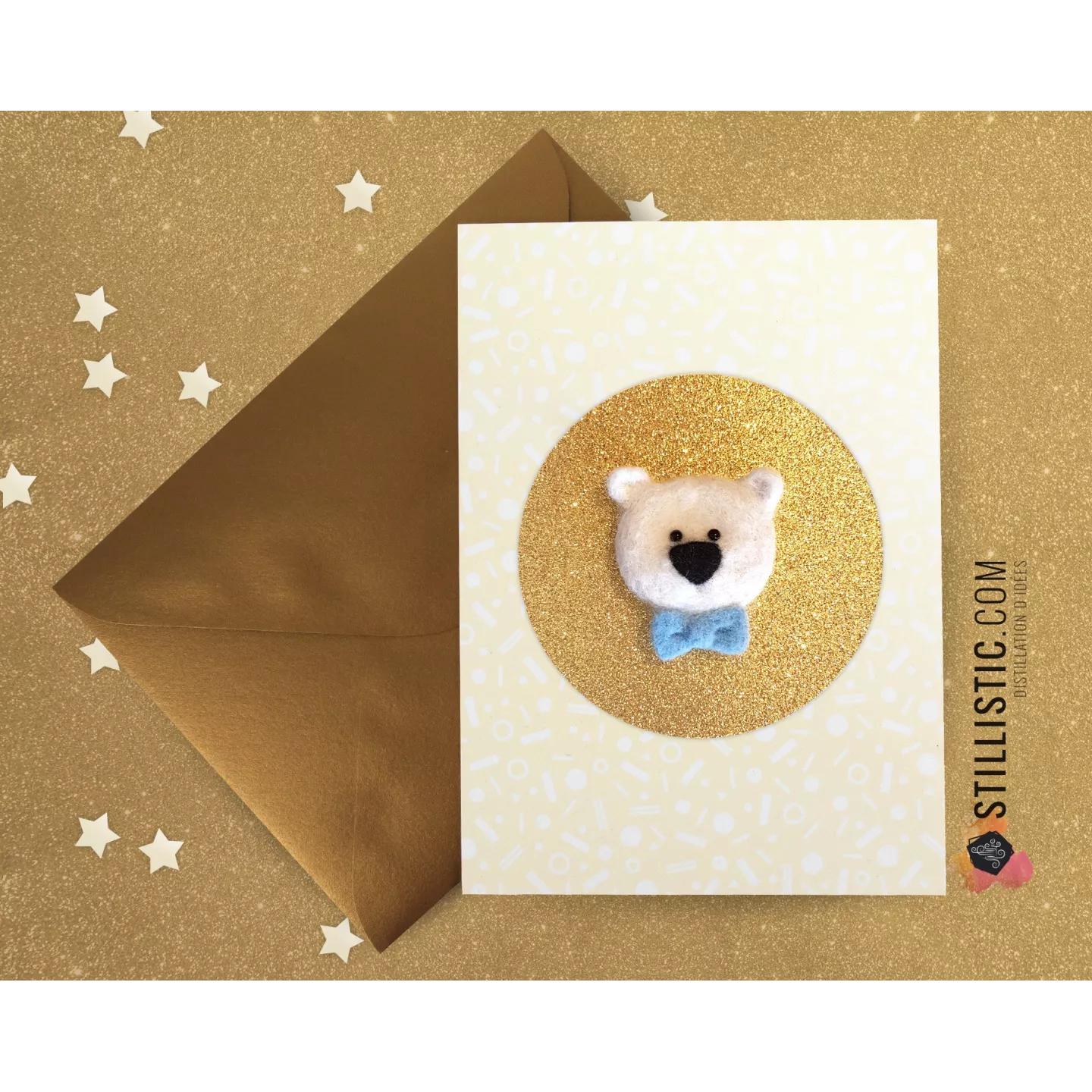 Carte de voeux grand format Ours et noeud papillon + enveloppe