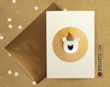 Carte de voeux grand format Ours chapeau anniversaire + enveloppe