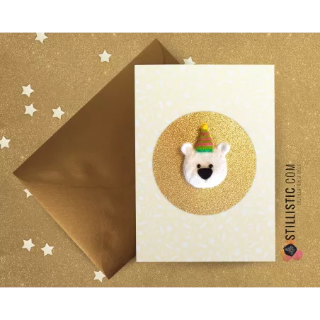 Carte de voeux grand format Ours chapeau anniversaire + enveloppe