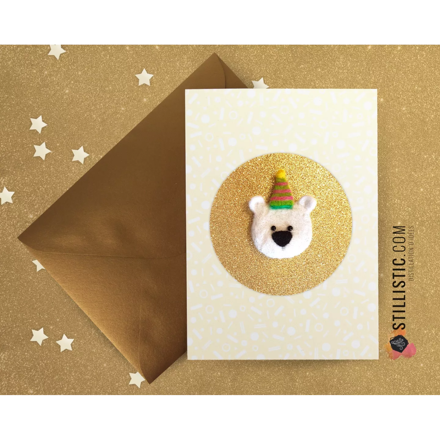 Carte de voeux grand format Ours chapeau anniversaire + enveloppe
