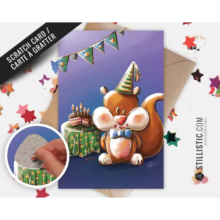 Carte de voeux papier 350g à gratter avec Illustration Originale Ecureuil pour Anniversaire