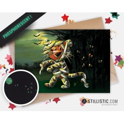 Carte de voeux papier 350g Phosphorescente avec Illustration Originale Tigre momie Halloween