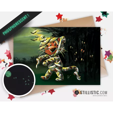 Carte de voeux papier 350g Phosphorescente avec Illustration Originale Tigre momie Halloween
