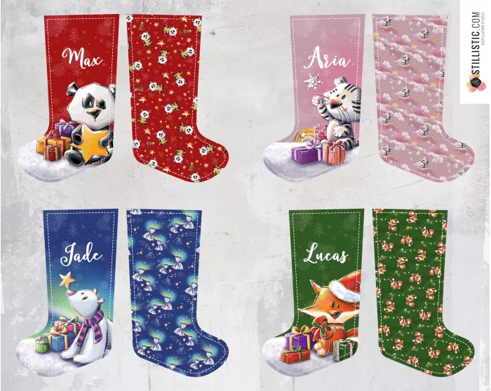 Coupon tissu Chaussettes de Noël à découper et coudre tigre ours panda renard coton bio gots, minky, velours, simili-cuir Oekote