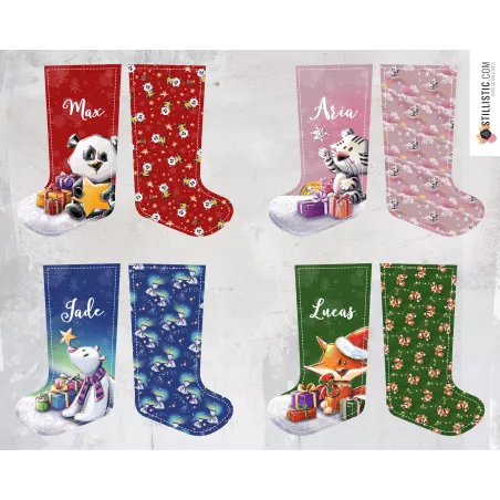 Coupon tissu Chaussettes de Noël à découper et coudre tigre ours panda renard coton bio gots, minky, velours, simili-cuir Oekote
