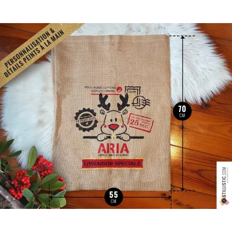 Sac cadeau hotte de Noël Renne en jute personnalisable
