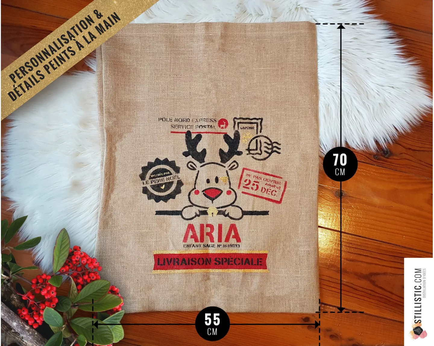 Sac cadeau hotte de Noël Ours en jute personnalisable