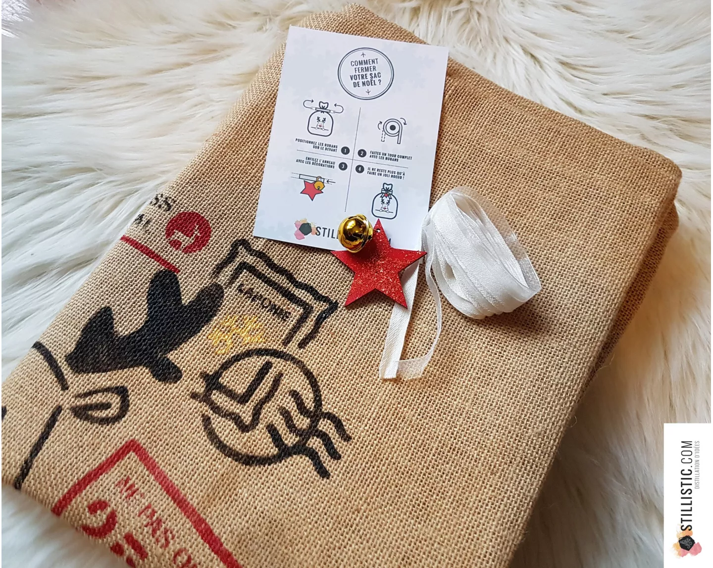 Sac cadeau hotte de Noël Ours en jute personnalisable