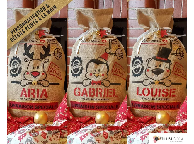 Sac cadeau hotte de Noël Ours en jute personnalisable