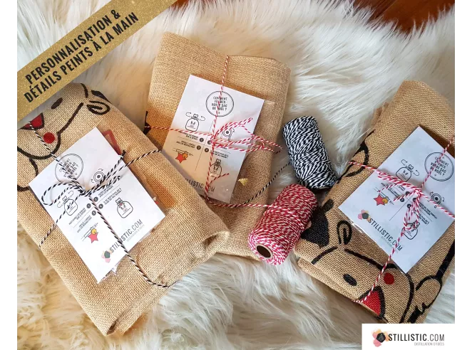 Sac cadeau hotte de Noël Ours en jute personnalisable