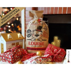 Sac cadeau hotte de Noël Ours en jute personnalisable