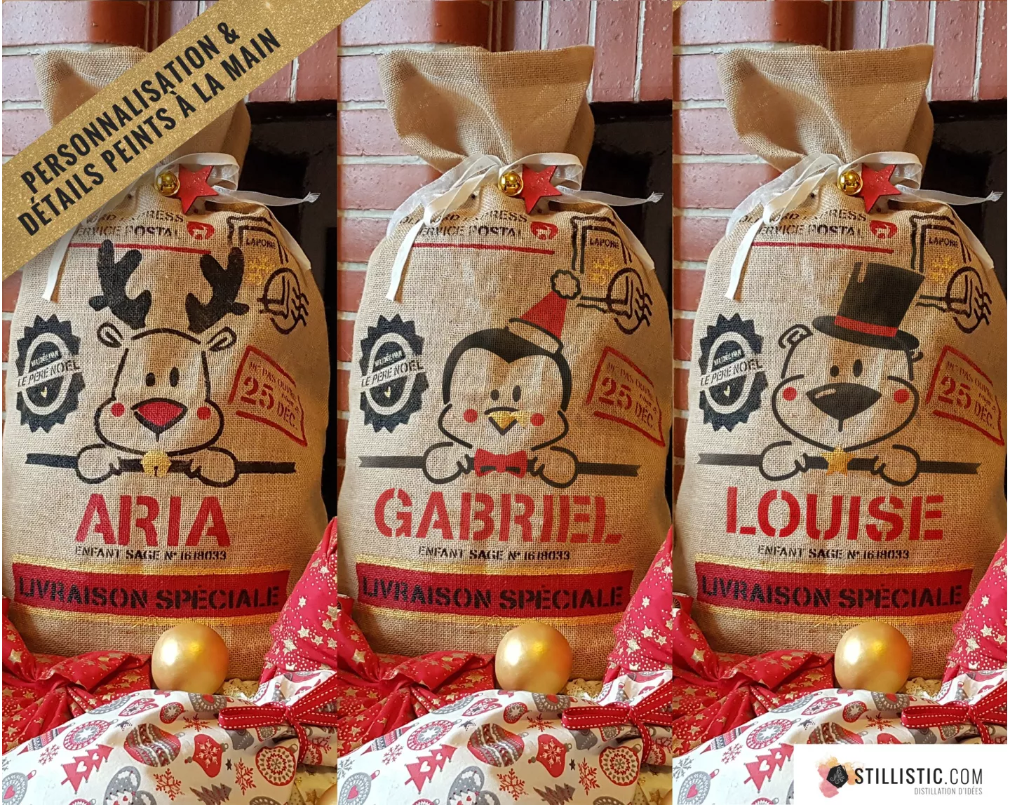 Sac cadeau hotte de Noël Pingouin en jute personnalisable