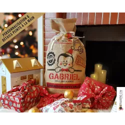 Sac cadeau hotte de Noël Pingouin en jute personnalisable