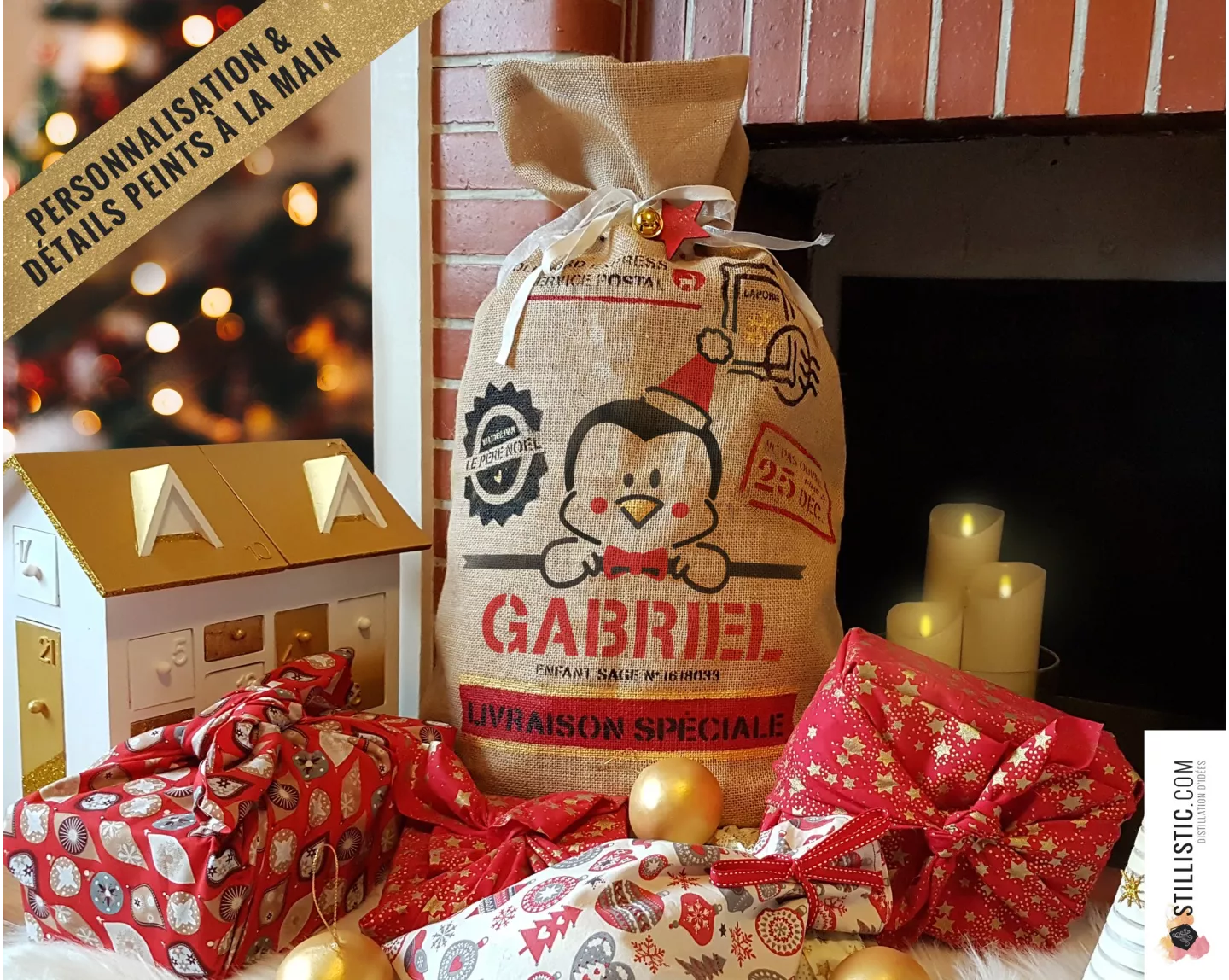 Sac cadeau hotte de Noël Pingouin en jute personnalisable