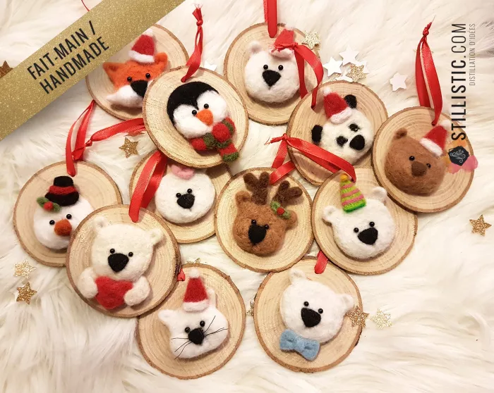 Décoration sapin de Noël Naturel Panda Fait-main bois et laine feutrée à l'aiguille