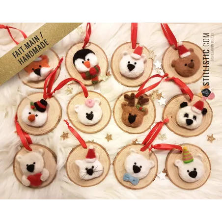 Décoration sapin de Noël Naturel Panda Fait-main bois et laine feutrée à l'aiguille