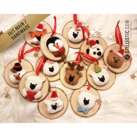 Décoration sapin de Noël Naturel Ours polaire noeud papillon Fait-main bois et laine feutrée à l'aiguille