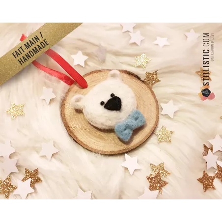 Décoration sapin de Noël Naturel Ours polaire noeud papillon Fait-main bois et laine feutrée à l'aiguille