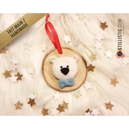 Décoration sapin de Noël Naturel Ours polaire noeud papillon Fait-main bois et laine feutrée à l'aiguille