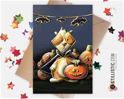 Carte de voeux papier 350g avec Illustration Originale Halloween Cochon d'inde et citrouilles pour Anniversaire