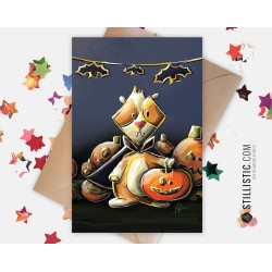 Carte de voeux papier 350g avec Illustration Originale Halloween Cochon d'inde et citrouilles pour Anniversaire