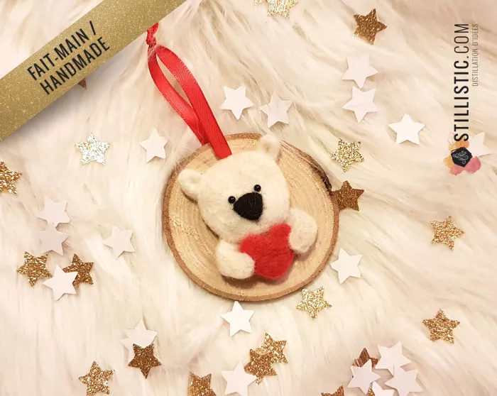 Décoration Noël Ours coeur laine feutrée et bois