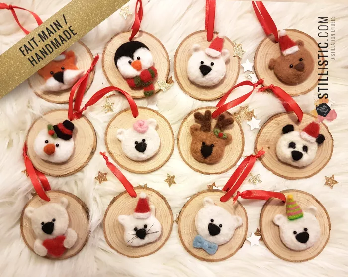 Décoration sapin de Noël Naturel Ours chapeau coeur Fait-main bois et laine feutrée à l'aiguille