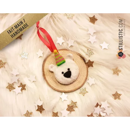 Décoration sapin de Noël Naturel Ours chapeau coeur Fait-main bois et laine feutrée à l'aiguille