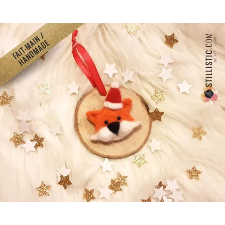 Décoration sapin de Noël Naturel Renard coeur Fait-main bois et laine feutrée à l'aiguille
