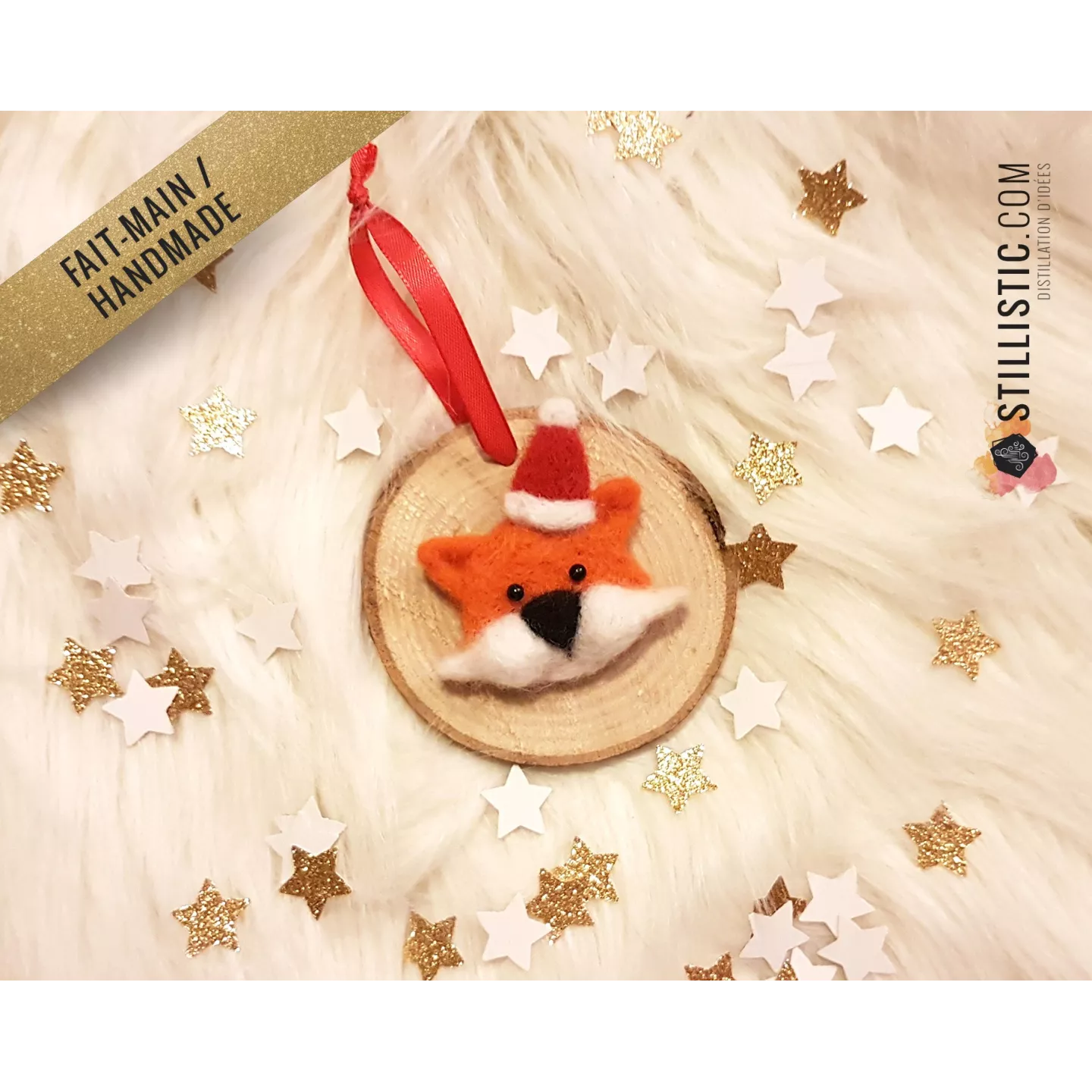 Décoration sapin de Noël Naturel Renard coeur Fait-main bois et laine feutrée à l'aiguille